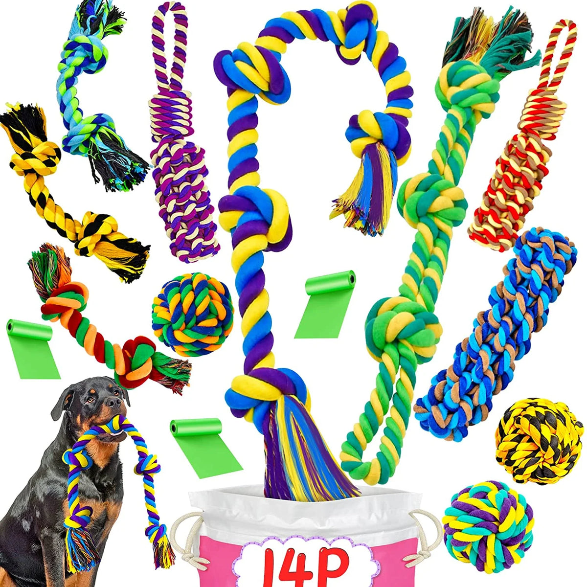 Ultimate XL Dog Chew Toys Bundle for Aggressive Chewers - 14 Durable Cotton Rope Toys Perfect for Large Breeds and Teething Puppies