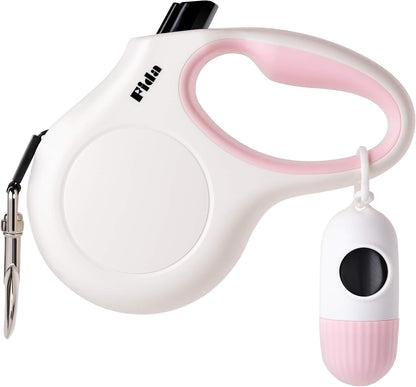 Retractable Dog Leash with Dispenser and Poop Bags, 10Ft, White & Pink