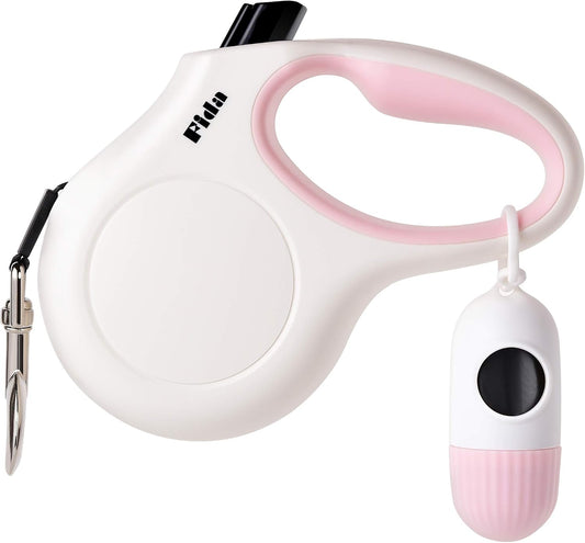 Retractable Dog Leash with Dispenser and Poop Bags, 10Ft, White & Pink