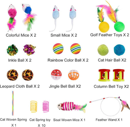 32Pcs Cat Toys Kitten Interactive Pet Toys Assortments, Foldable Rainbow Tunnel, Cat Feather Teaser Wand Interactive Feather Toy Fluffy Mouse Crinkle Balls Bell Play for Cat Puppy Kitty Kitten(2 Way)