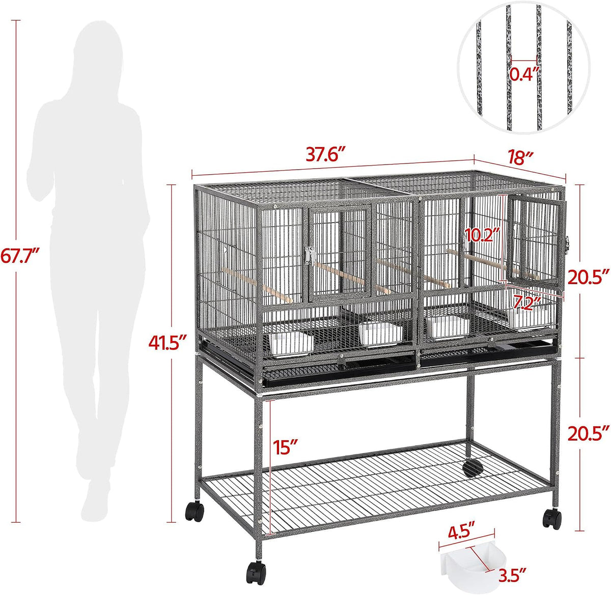 41.5" Stackable Divided Breeder Breeding Parakeet Bird Cage for Canaries Cockatiels Lovebirds Finches Budgies Small Parrots with Rolling Stand, Black