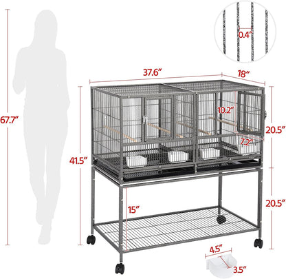 41.5" Stackable Divided Breeder Breeding Parakeet Bird Cage for Canaries Cockatiels Lovebirds Finches Budgies Small Parrots with Rolling Stand, Black