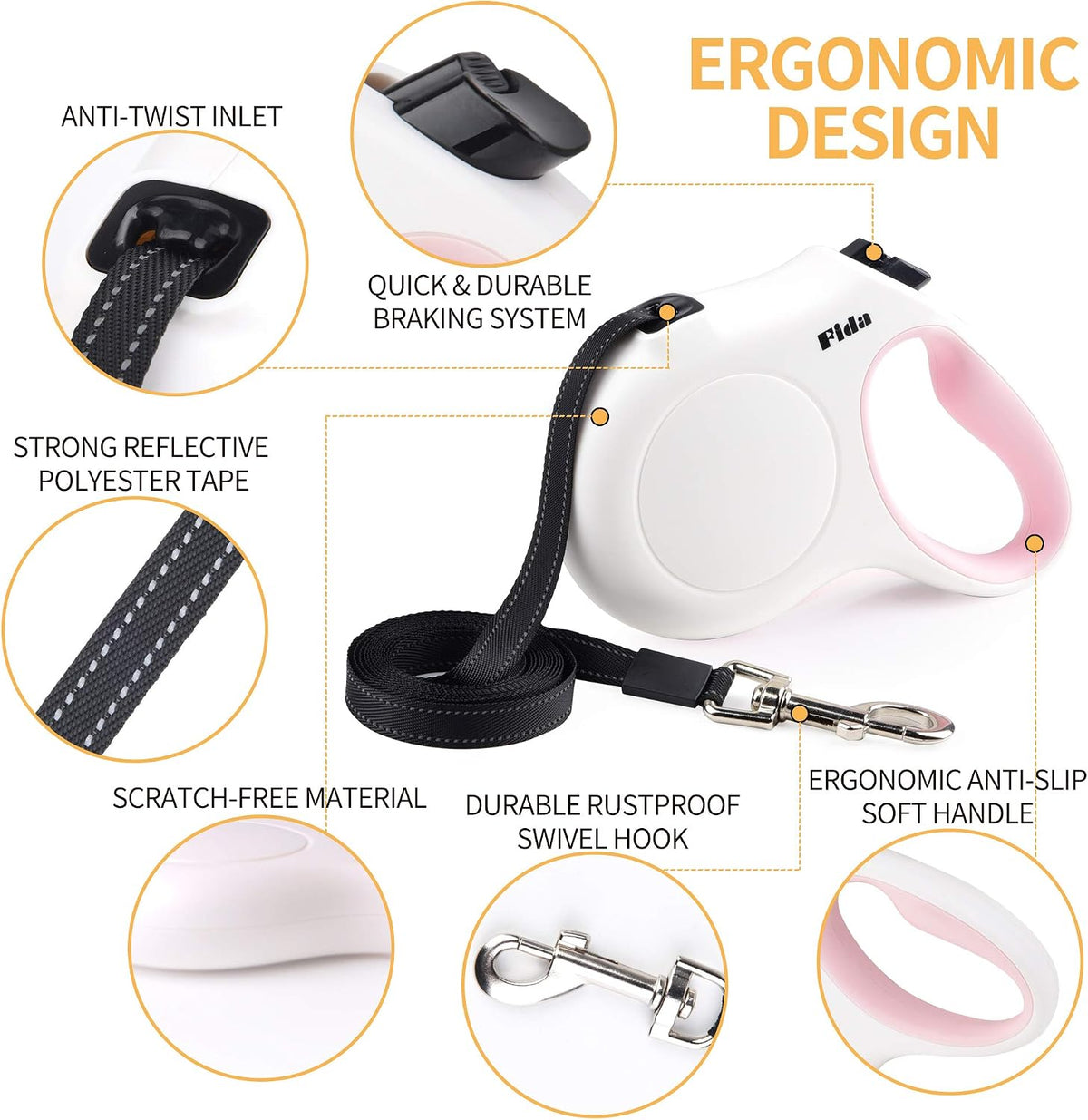 Retractable Dog Leash with Dispenser and Poop Bags, 10Ft, White & Pink