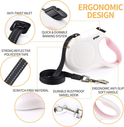 Retractable Dog Leash with Dispenser and Poop Bags, 10Ft, White & Pink