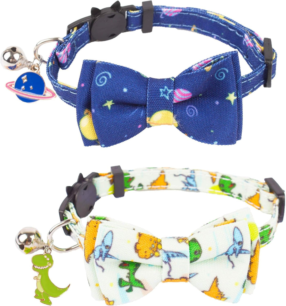 Dinosaur Boy Cat Collar Breakaway with Bow Tie Bell, 2 Pack