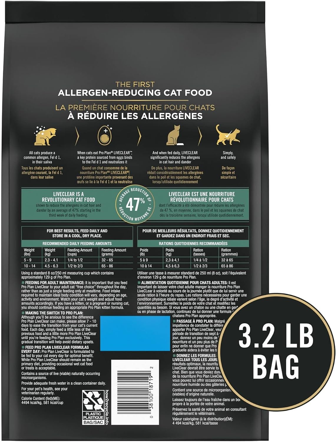 Purina Pro Plan Liveclear Sensitive Skin & Stomach Cat Food, 3.2 Lb Bag