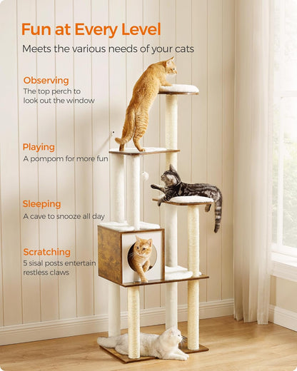 Cat Tree, 64.6-Inch Multi-Level Tower with 5 Scratching Posts